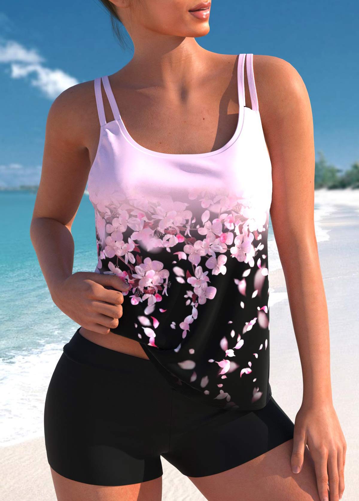 ROTITA Pink Double Straps Floral Print Tankini Top-No Bottom