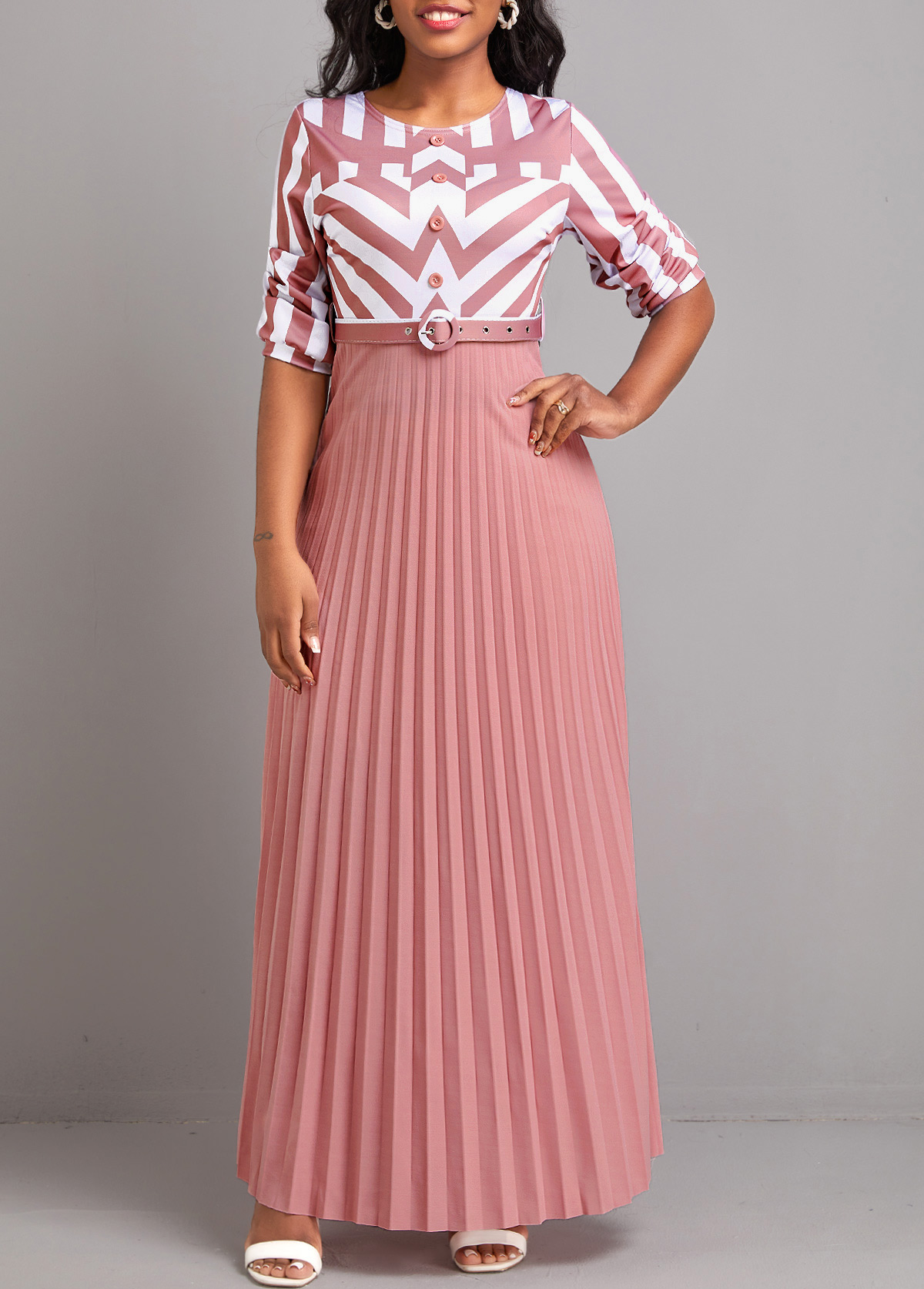 Pink dresses,White dresses,Geometric dresses,Striped dresses,ROTITA Button Geometric Print Pink Belted Maxi Dress