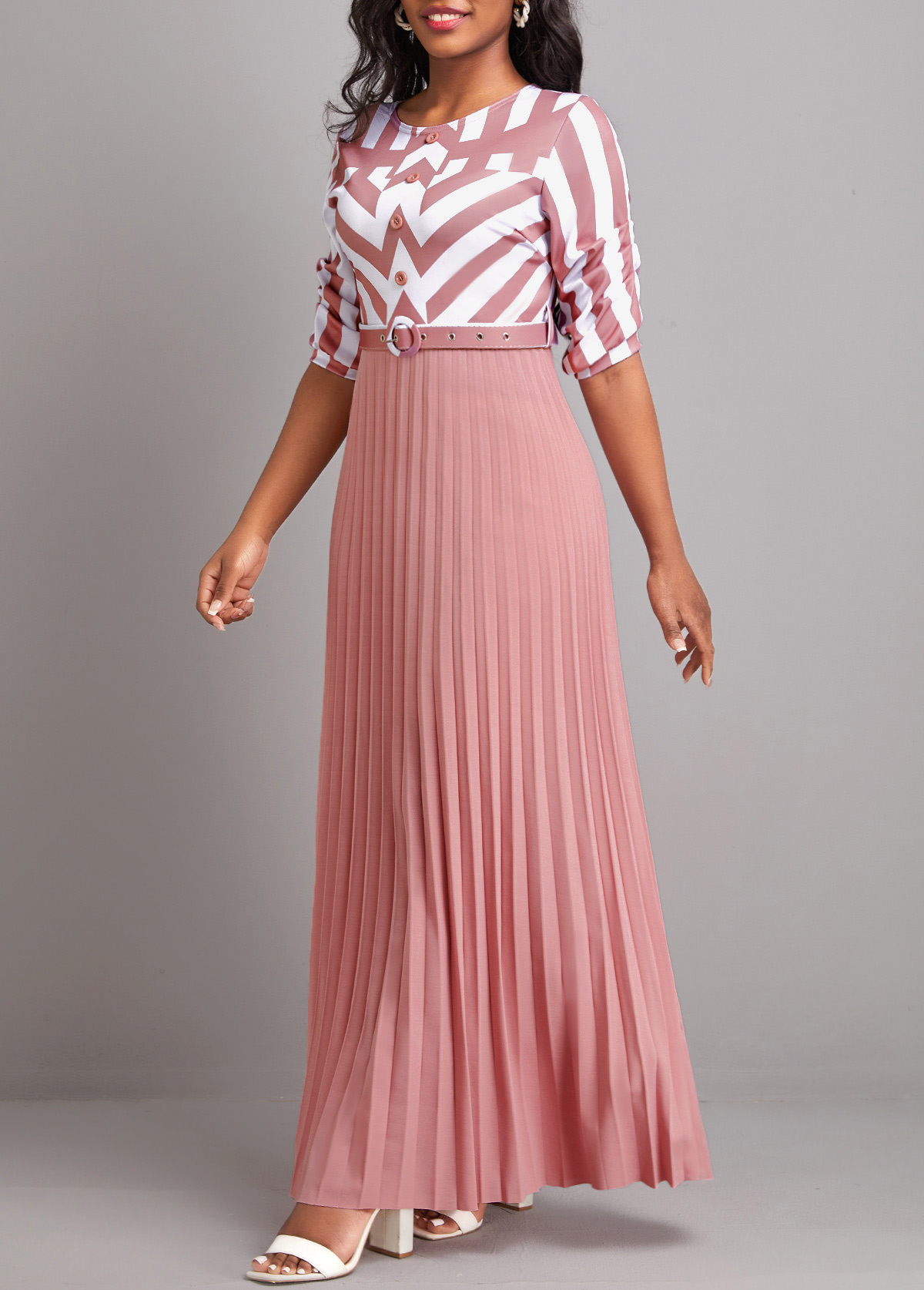 Pink dresses,White dresses,Geometric dresses,Striped dresses,ROTITA Button Geometric Print Pink Belted Maxi Dress