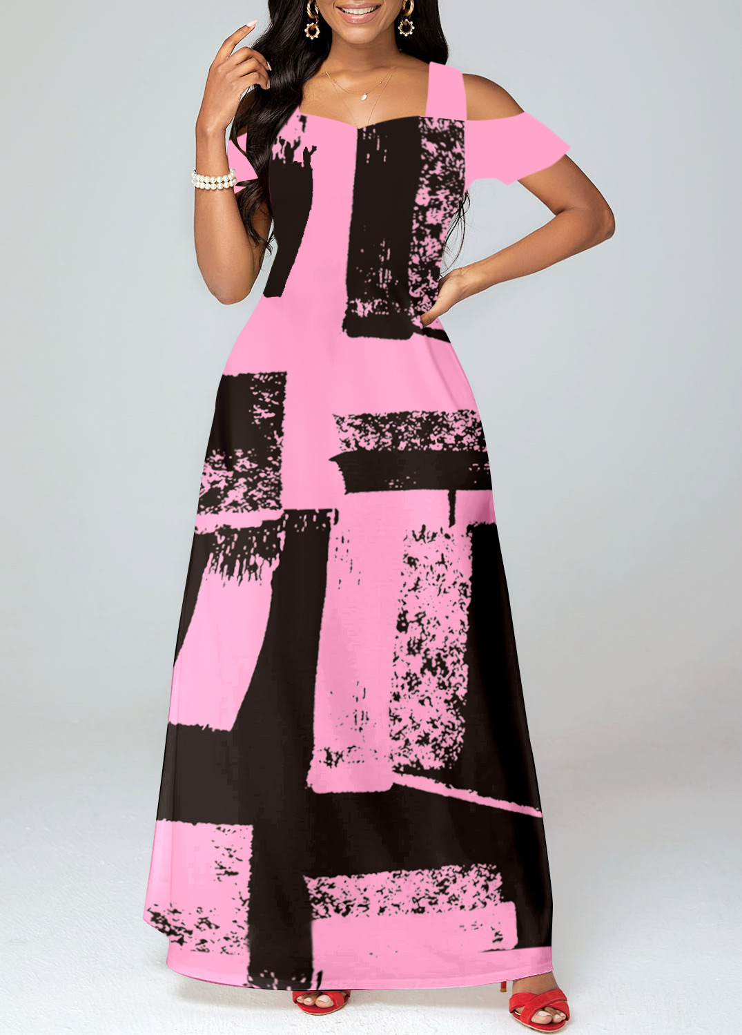 Pink plus size,Graphic plus size,ROTITA Plus Size Pocket Pink Graffiti Print Maxi Dress
