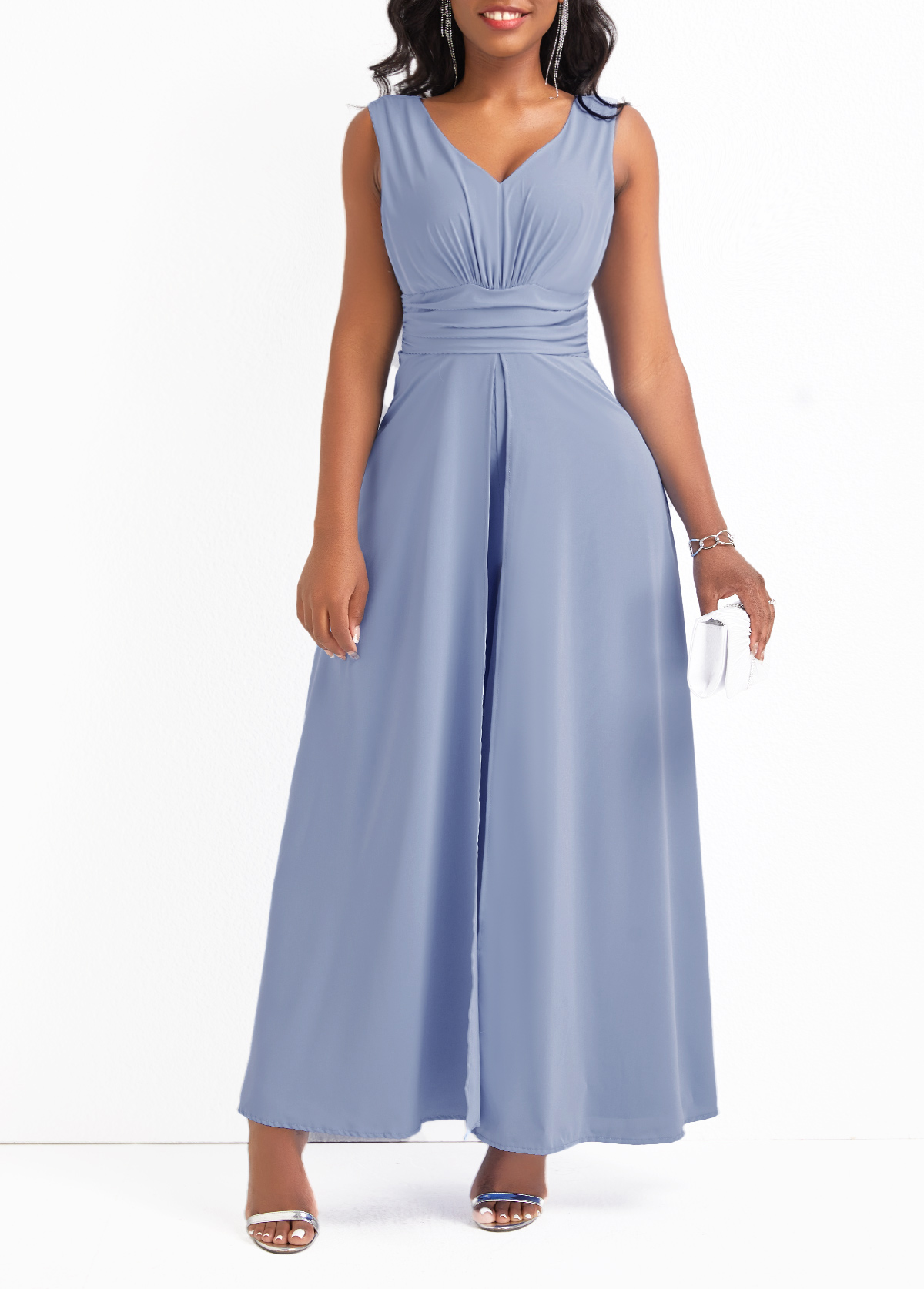 Dusty Blue jumpsuits & rompers,Plain Color jumpsuits & rompers,V Neck Layered Dusty Blue Ankle Length Jumpsuit