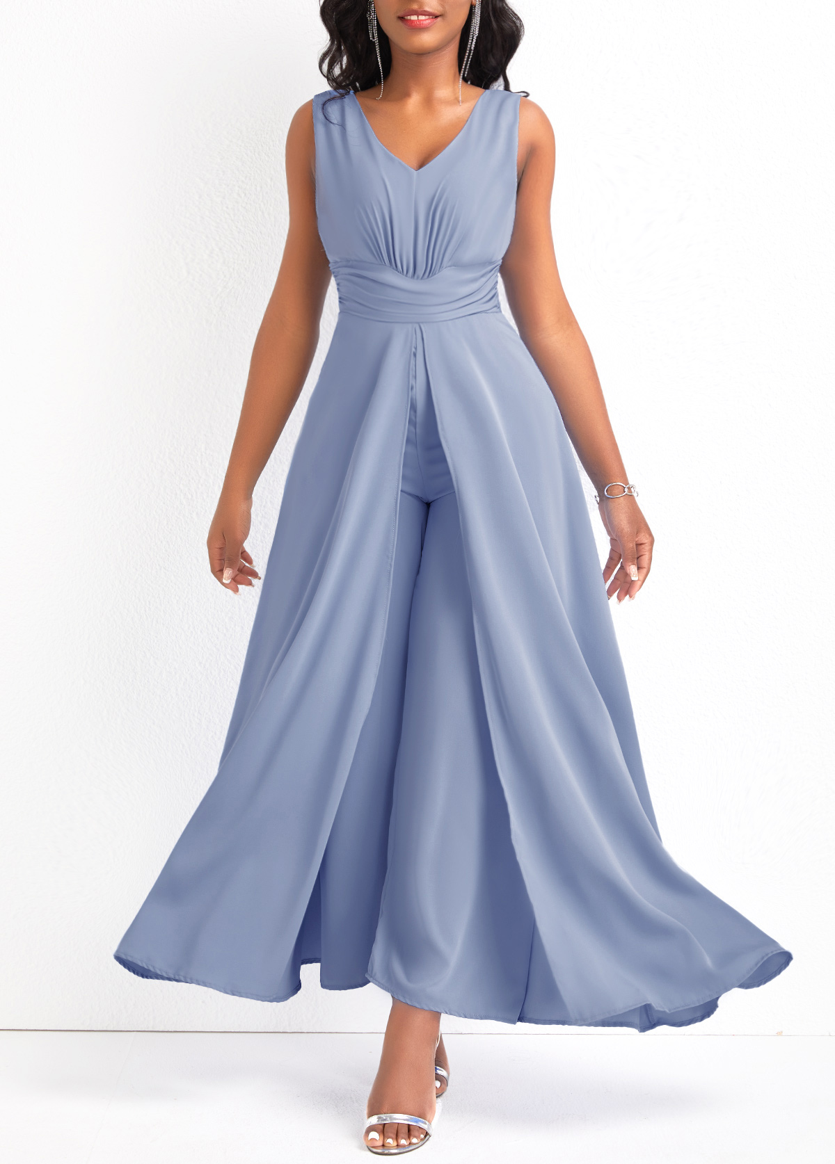 Dusty Blue jumpsuits & rompers,Plain Color jumpsuits & rompers,V Neck Layered Dusty Blue Ankle Length Jumpsuit