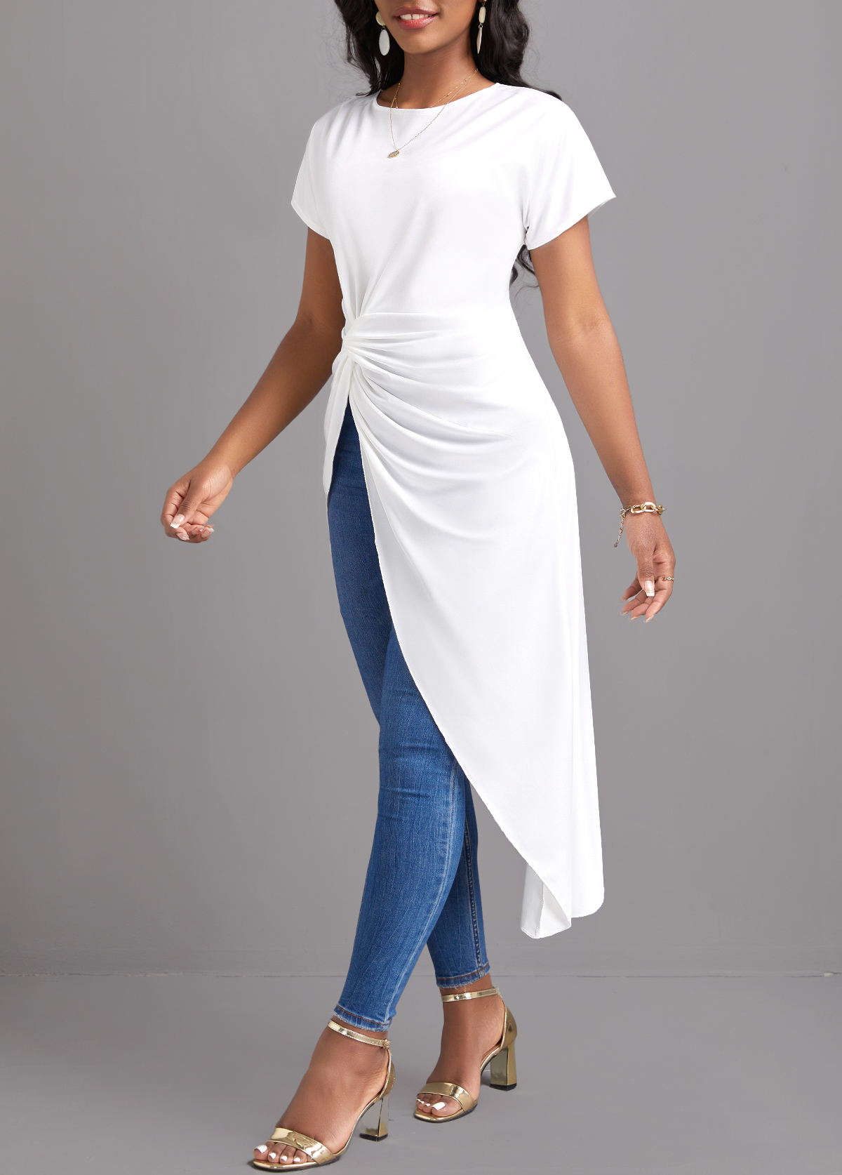 White tops,Plain Color tops,Twist White Round Neck Short Sleeve Blouse