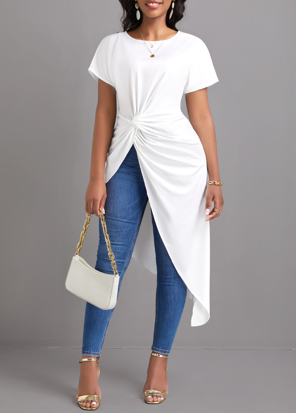 White tops,Plain Color tops,Twist White Round Neck Short Sleeve Blouse