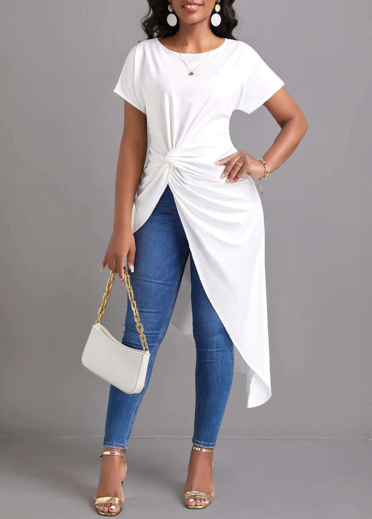 White tops,Plain Color tops,Twist White Round Neck Short Sleeve Blouse