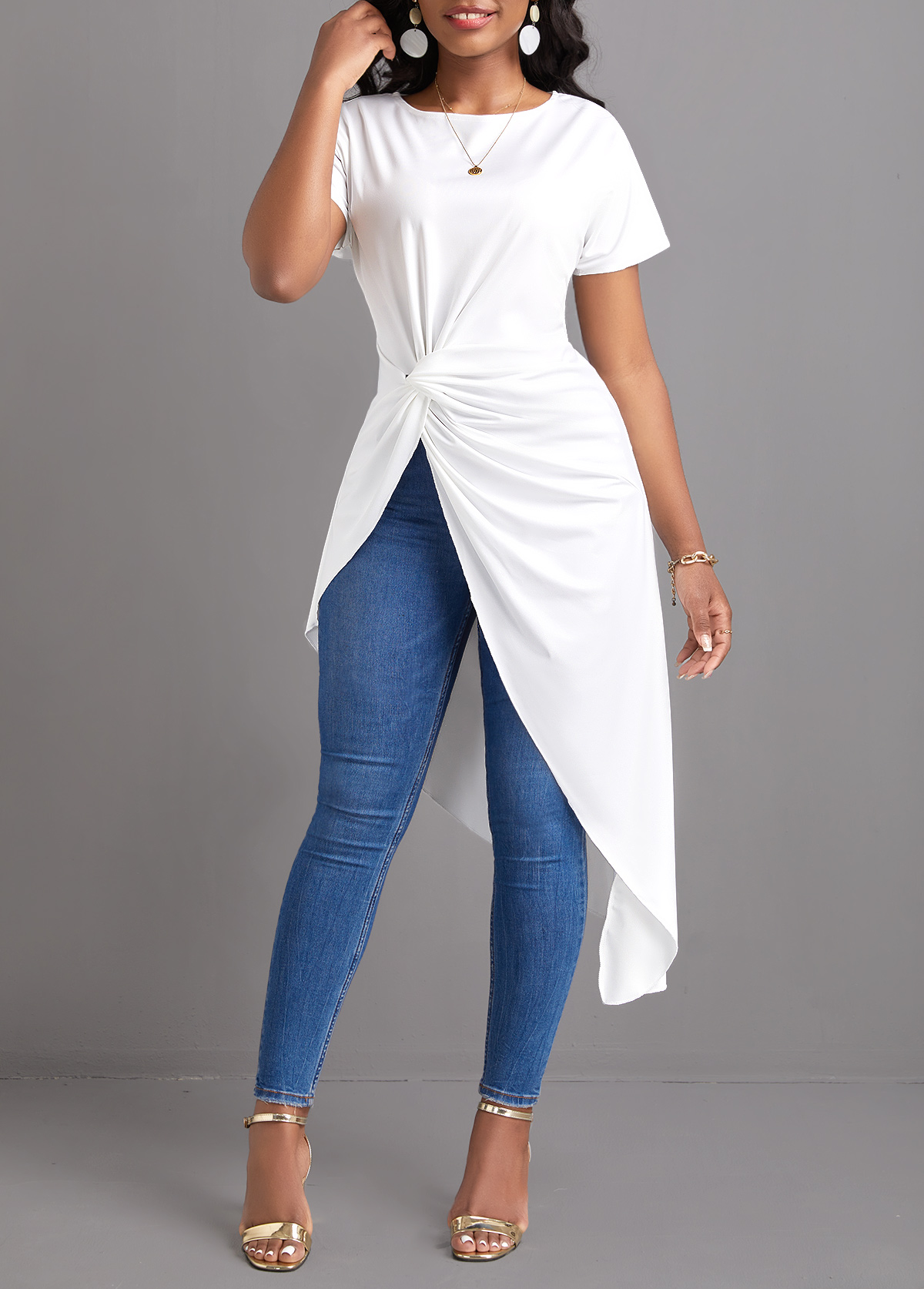 White tops,Plain Color tops,Twist White Round Neck Short Sleeve Blouse