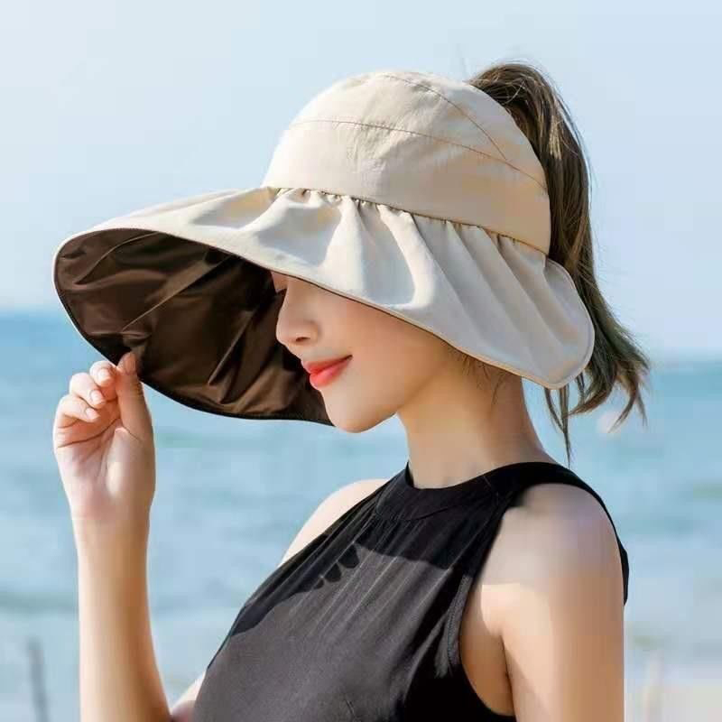 Nylon Fold Detail Beige Visor Hat