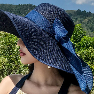Navy accessories,Plain Color accessories,Bowknot Straw Detail Navy Visor Hat