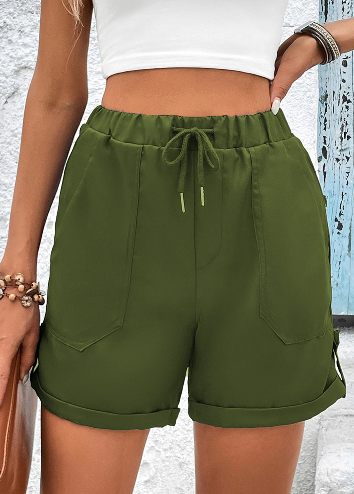 Olive Green bottoms,Plain Color bottoms,Pocket Olive Green Drawastring High Waisted Shorts