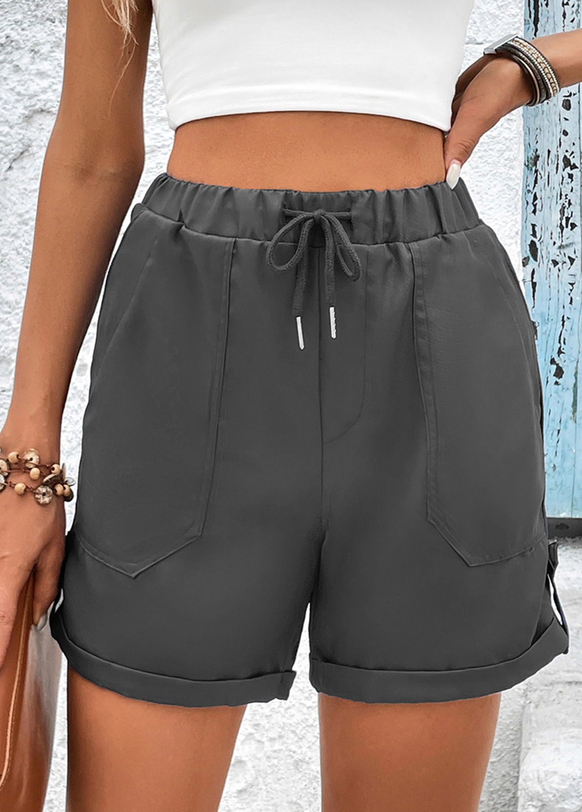 Grey bottoms,Plain Color bottoms,Pocket Grey Drawastring High Waisted Shorts
