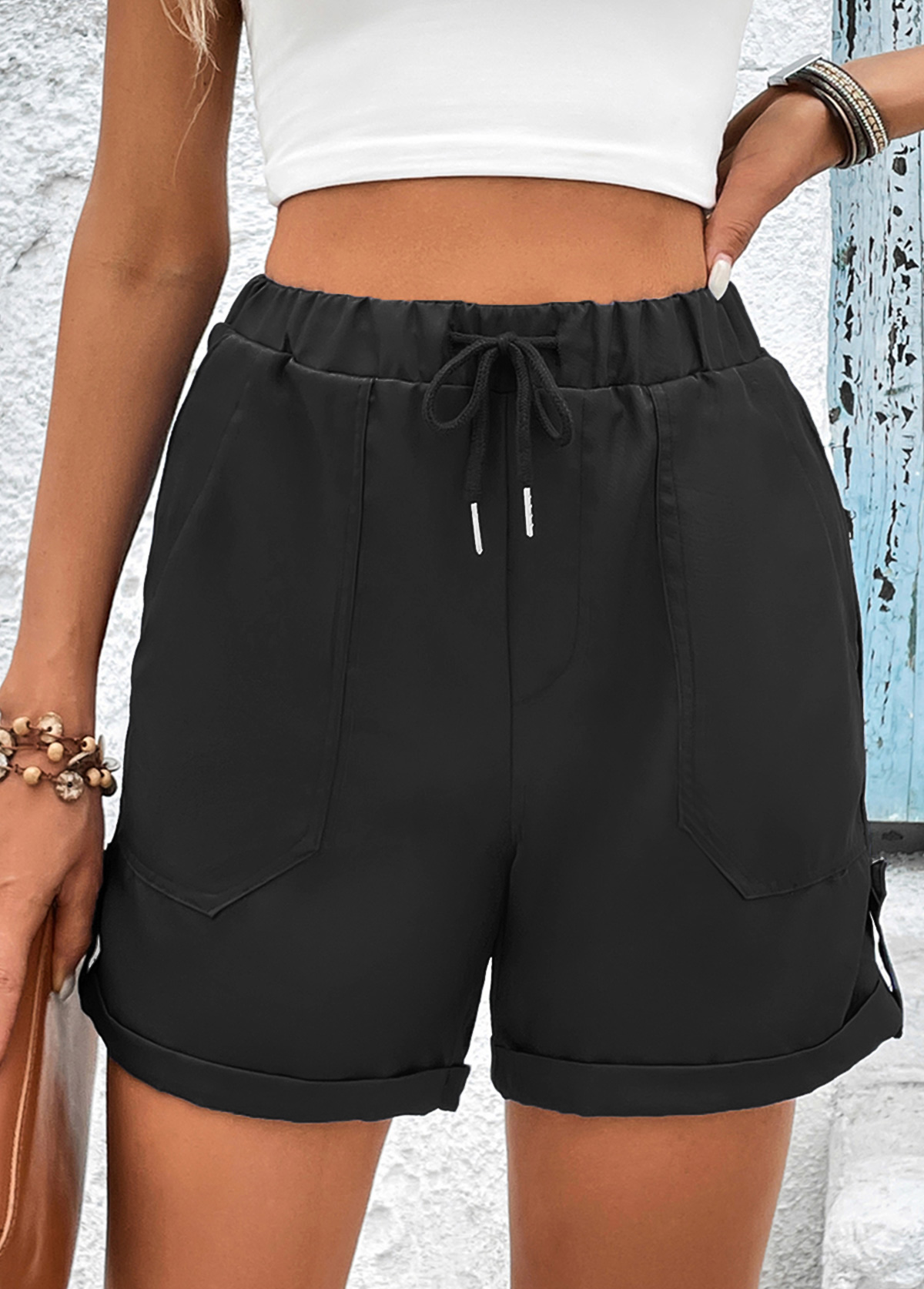 Black bottoms,Plain Color bottoms,Pocket Black Drawastring High Waisted Shorts