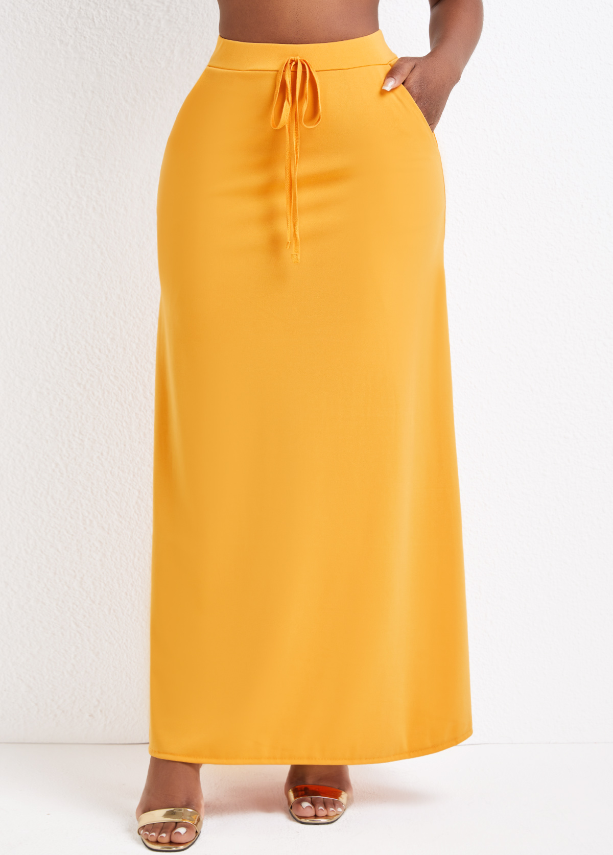 Ginger bottoms,Plain Color bottoms,Pocket Ginger Drawastring A Line Maxi Skirt