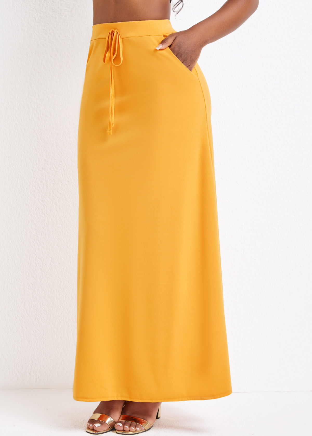 Ginger bottoms,Plain Color bottoms,Pocket Ginger Drawastring A Line Maxi Skirt