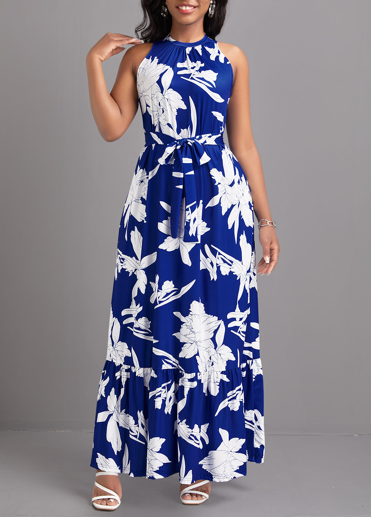 Tie Leaf Print Blue Belted Maxi Dress