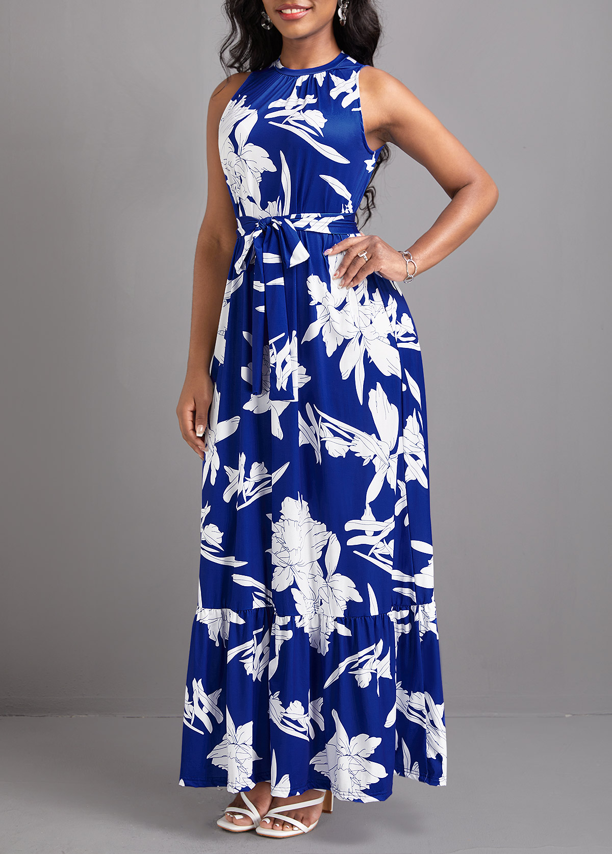 Blue dresses,White dresses,Plants dresses,Floral dresses,Tie Leaf Print Blue Belted Maxi Dress