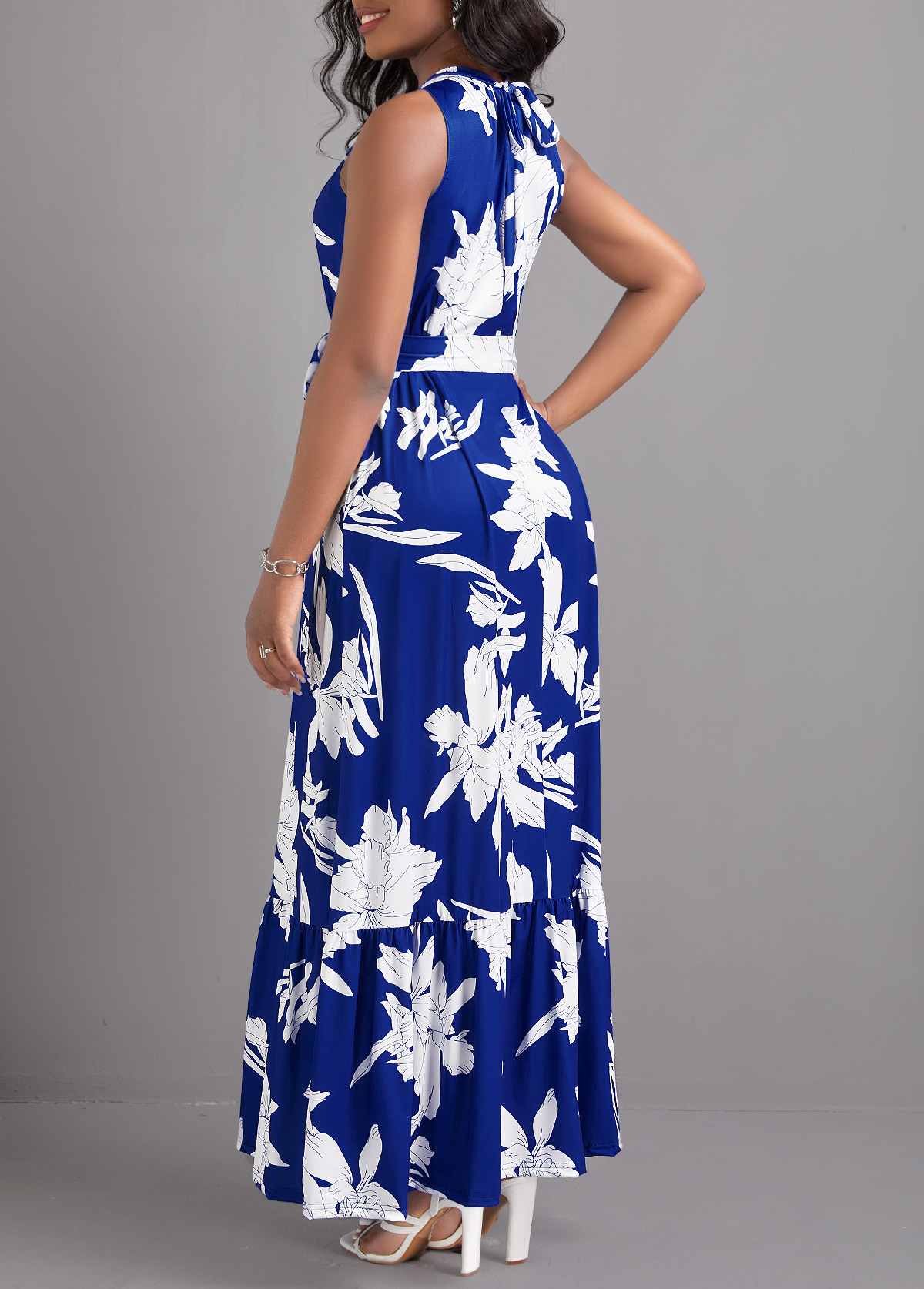 Blue dresses,White dresses,Plants dresses,Floral dresses,Tie Leaf Print Blue Belted Maxi Dress
