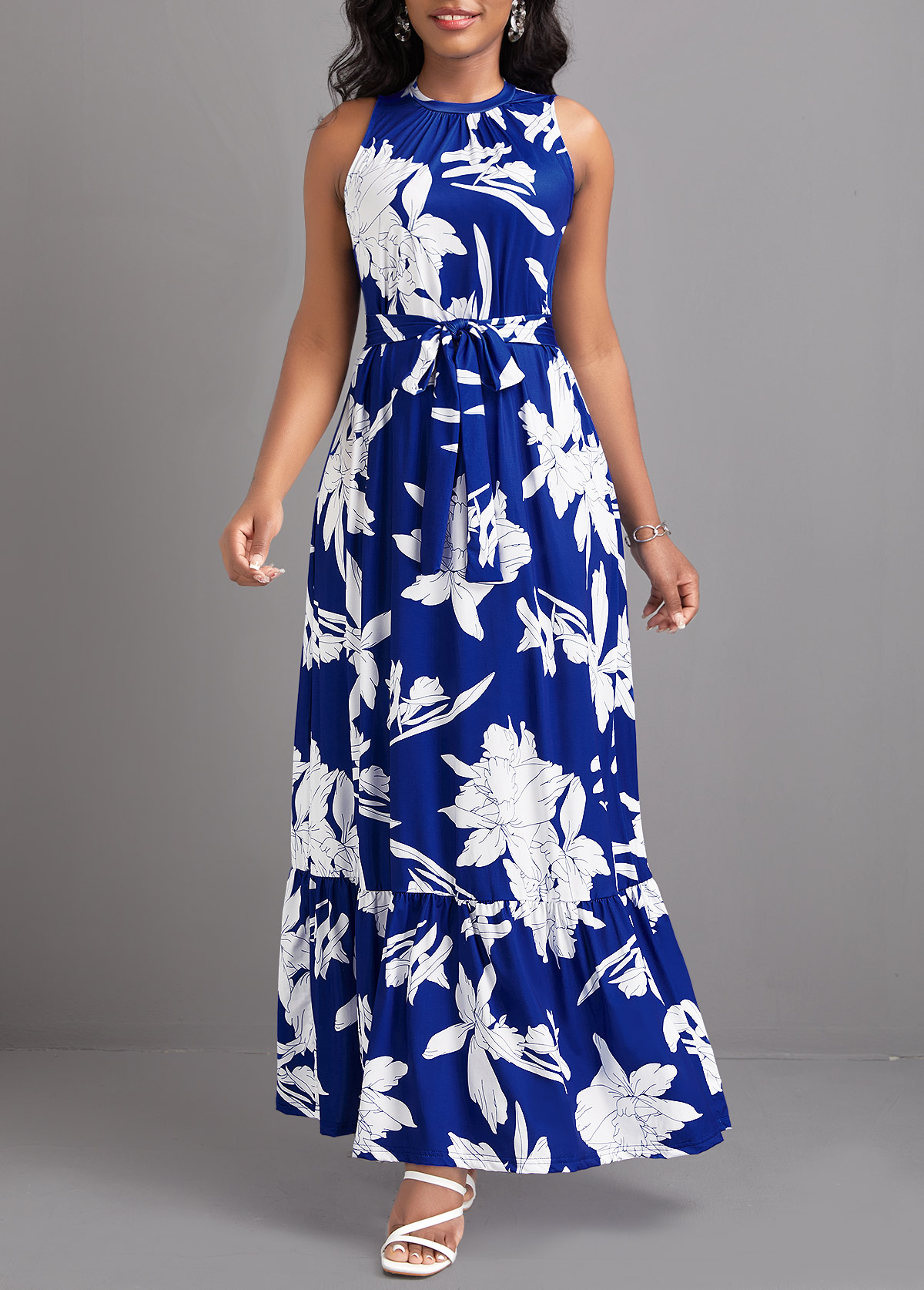 Blue dresses,White dresses,Plants dresses,Floral dresses,Tie Leaf Print Blue Belted Maxi Dress