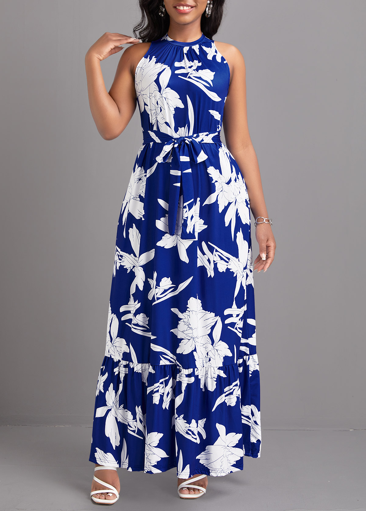 Blue dresses,White dresses,Plants dresses,Floral dresses,Tie Leaf Print Blue Belted Maxi Dress