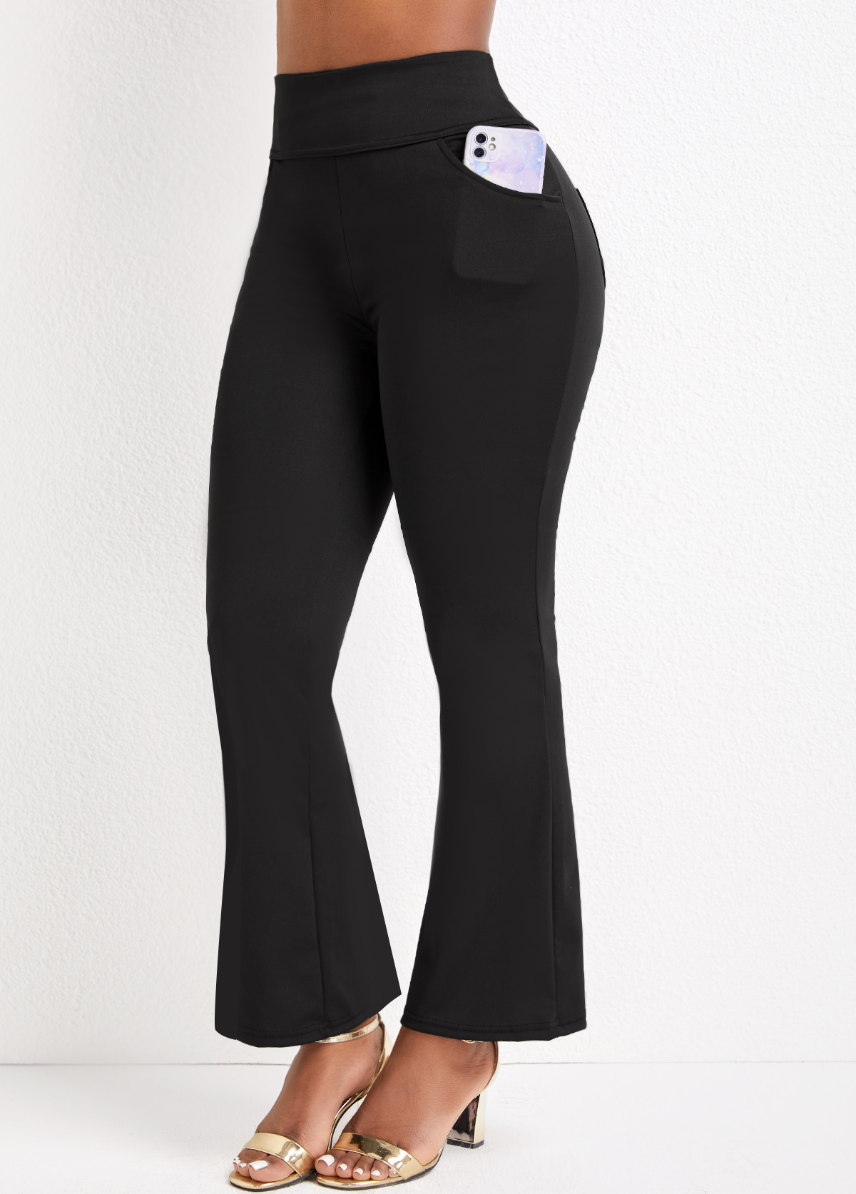 Pocket Black Flare Leg Elastic Waist Pants