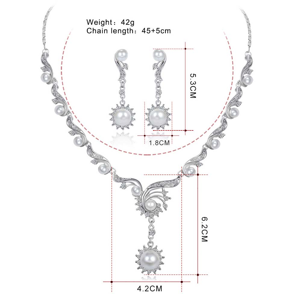 Silvery White jewelry,Geometric jewelry,Pearl Detail Silvery White Geometric Pattern Earrings and Necklace