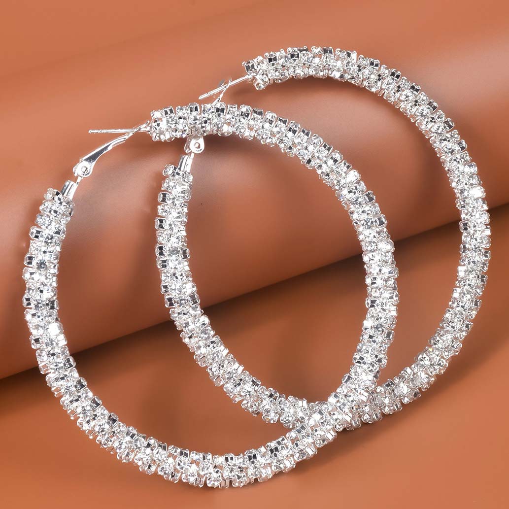 Rhinestone Detail Round Silvery White Earrings