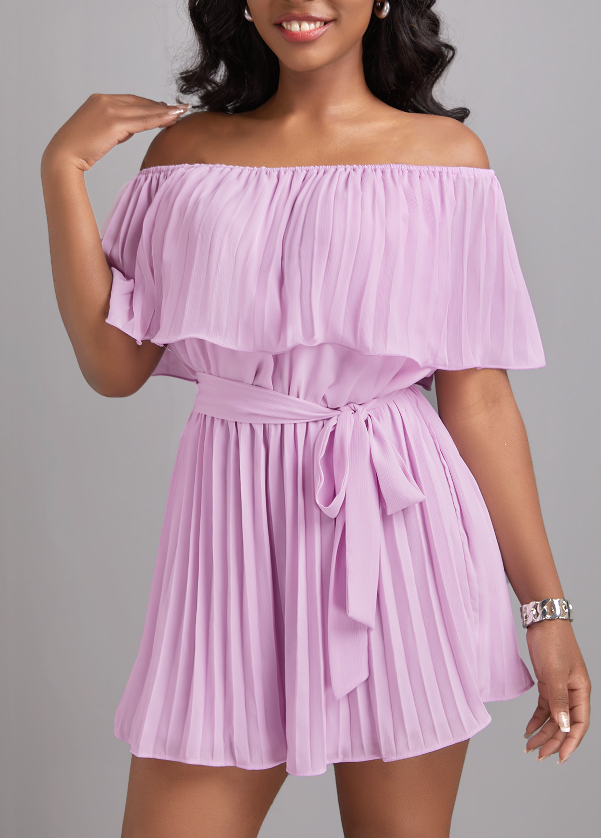 Light Purple dresses,Plain Color dresses,Pleated Light Purple Belted Short Off Shoulder Dress