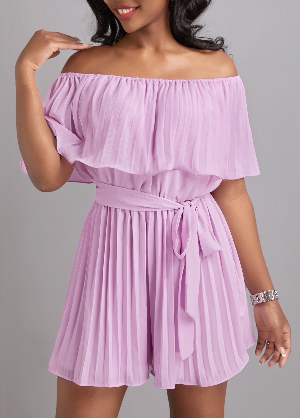 Light Purple dresses,Plain Color dresses,Pleated Light Purple Belted Short Off Shoulder Dress