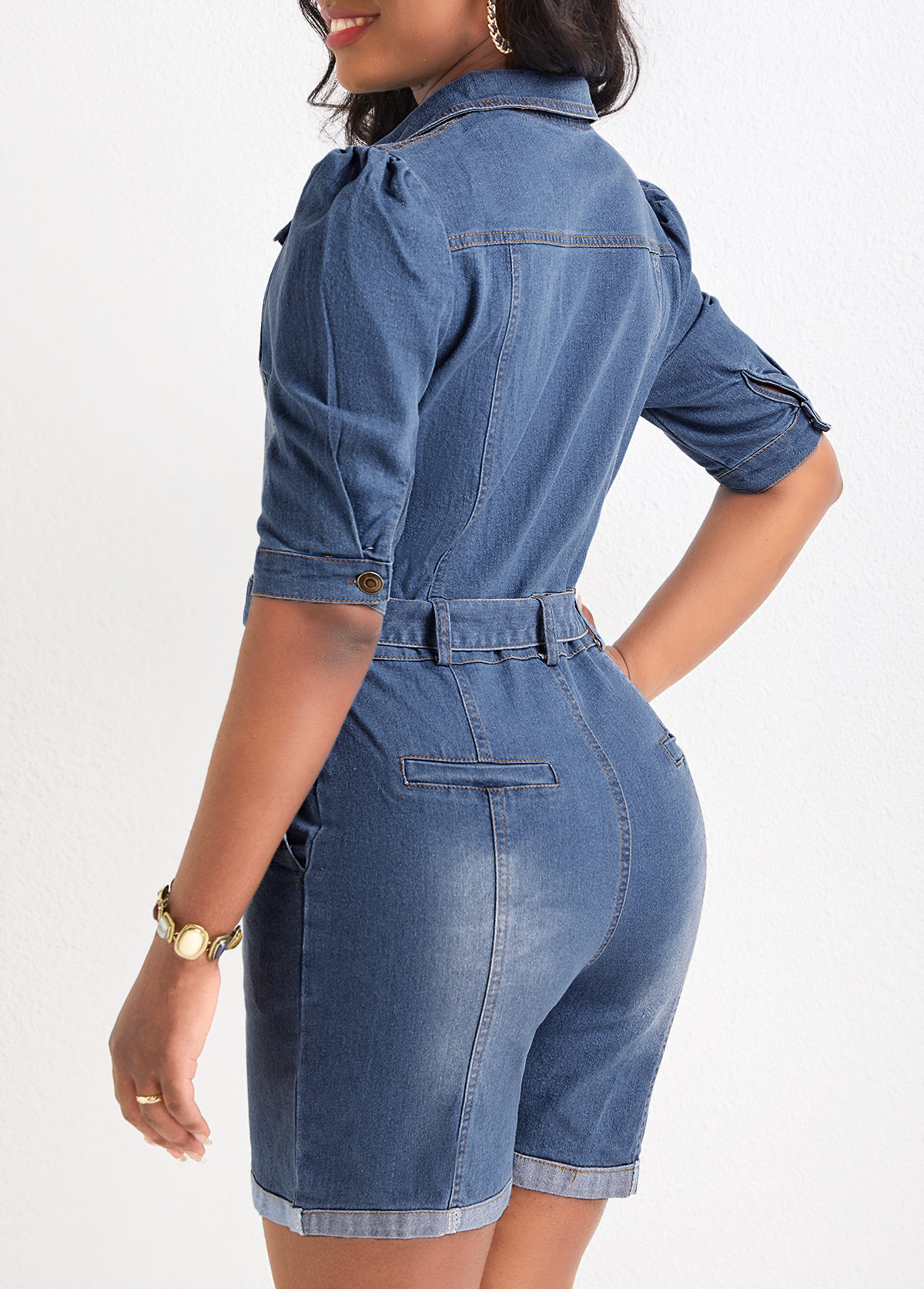 Denim Blue jumpsuits & rompers,Plain Color jumpsuits & rompers,Pocket Denim Blue Belted Short Skinny Romper