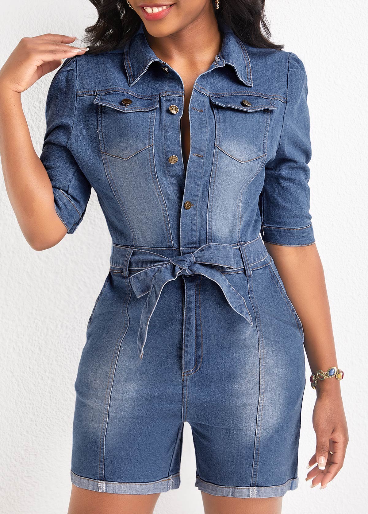 Denim Blue jumpsuits & rompers,Plain Color jumpsuits & rompers,Pocket Denim Blue Belted Short Skinny Romper
