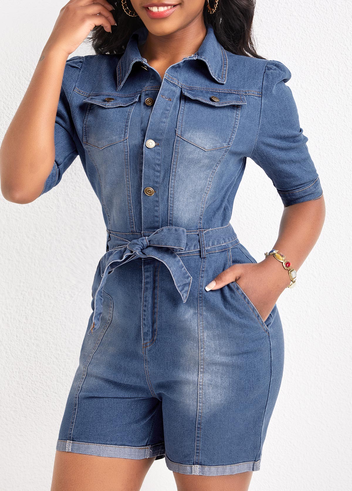 Denim Blue jumpsuits & rompers,Plain Color jumpsuits & rompers,Pocket Denim Blue Belted Short Skinny Romper