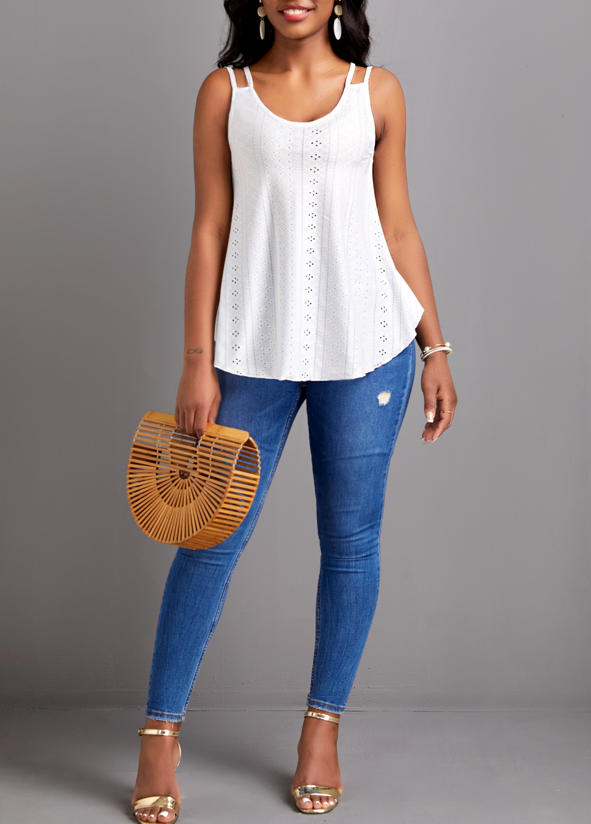 White tops,Plain Color tops,Breathable White Scoop Neck Strappy Camisole Top