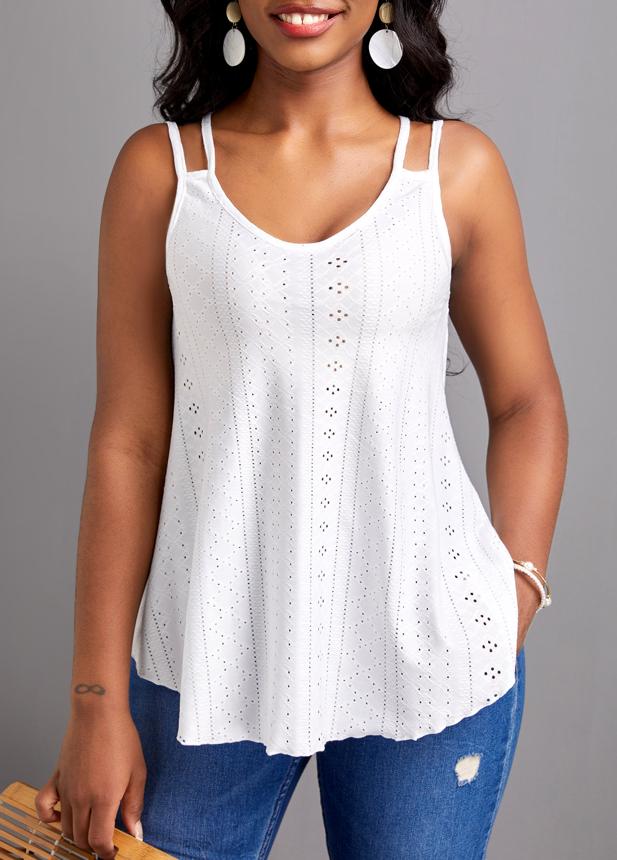 White tops,Plain Color tops,Breathable White Scoop Neck Strappy Camisole Top