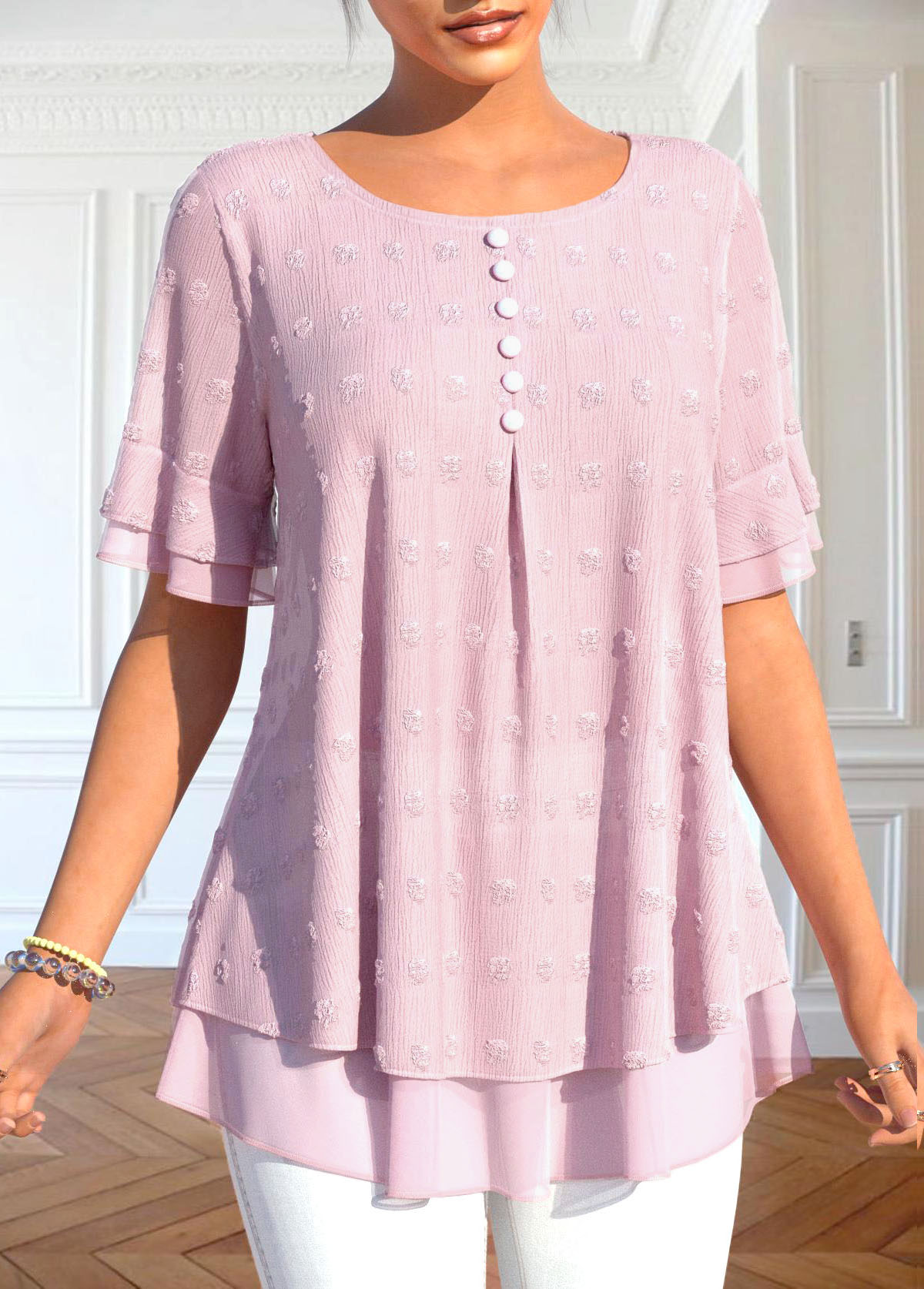 Light Pink tops,Plain Color tops,ROTITA Layered Light Pink Round Neck T Shirt