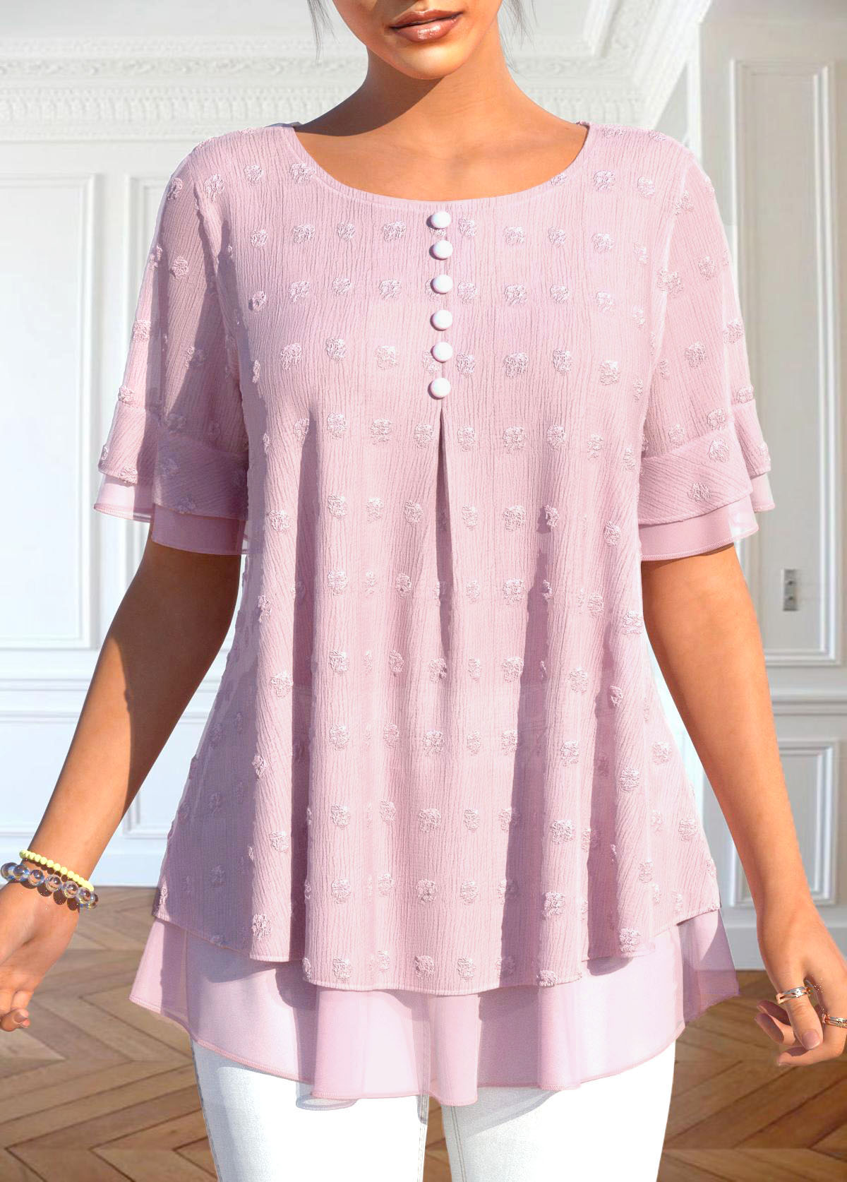 Light Pink tops,Plain Color tops,ROTITA Layered Light Pink Round Neck T Shirt