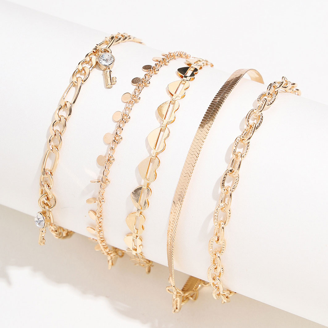 Golden jewelry,Heart jewelry,Geometric jewelry,Heart Alloy Detail Golden Anklet Set