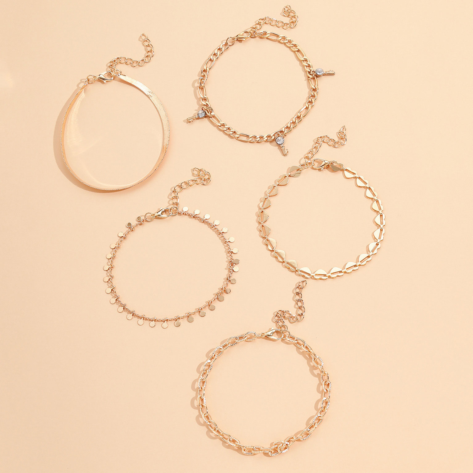 Golden jewelry,Heart jewelry,Geometric jewelry,Heart Alloy Detail Golden Anklet Set