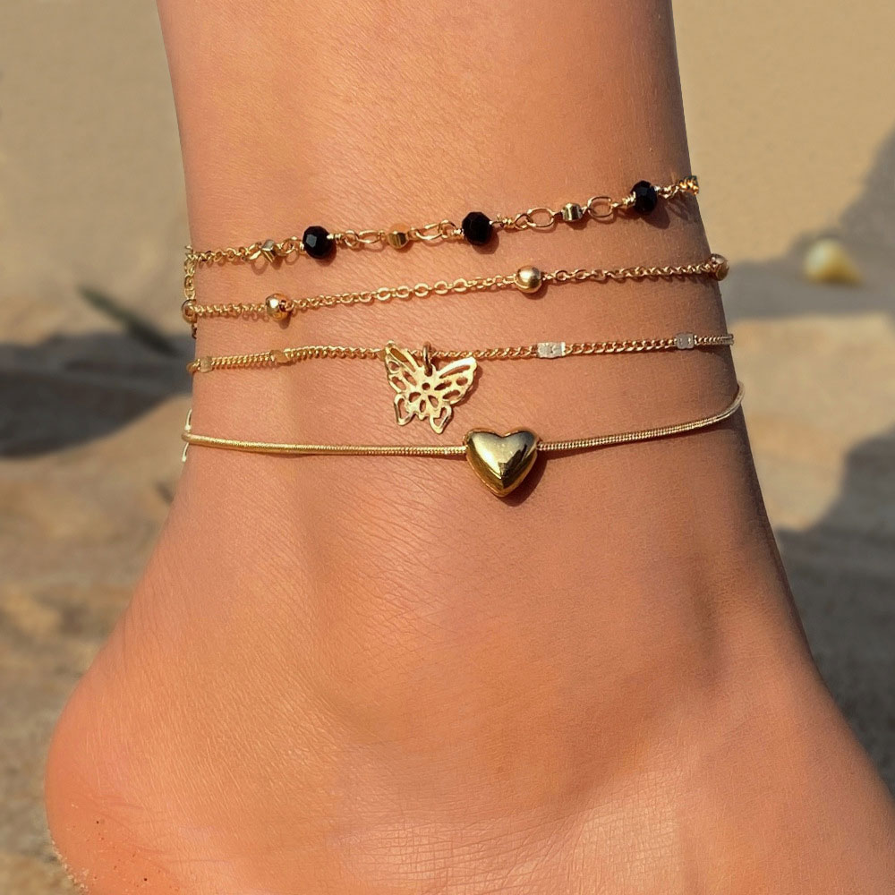 Heart Alloy Detail Golden Anklet Set