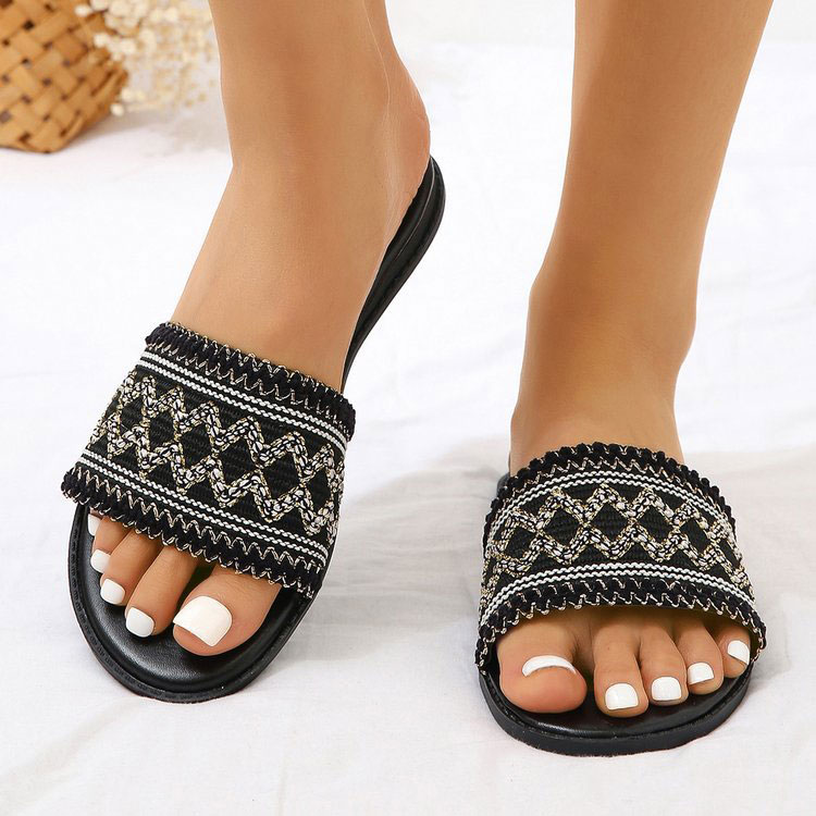 Black accessories,Geometric accessories,Striped accessories,Chevron accessories,Black Geometric Pattern Falt Open Toe Slippers