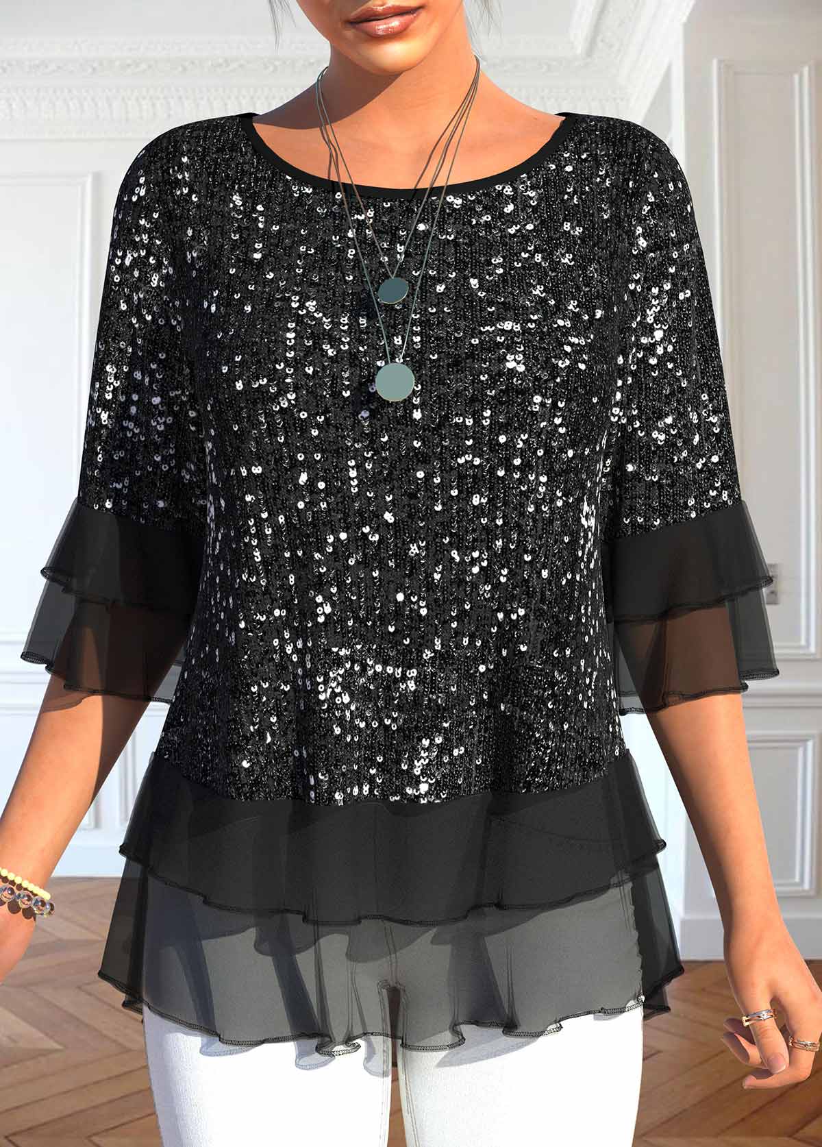 ROTITA Sequin Black Round Neck Half Sleeve T Shirt