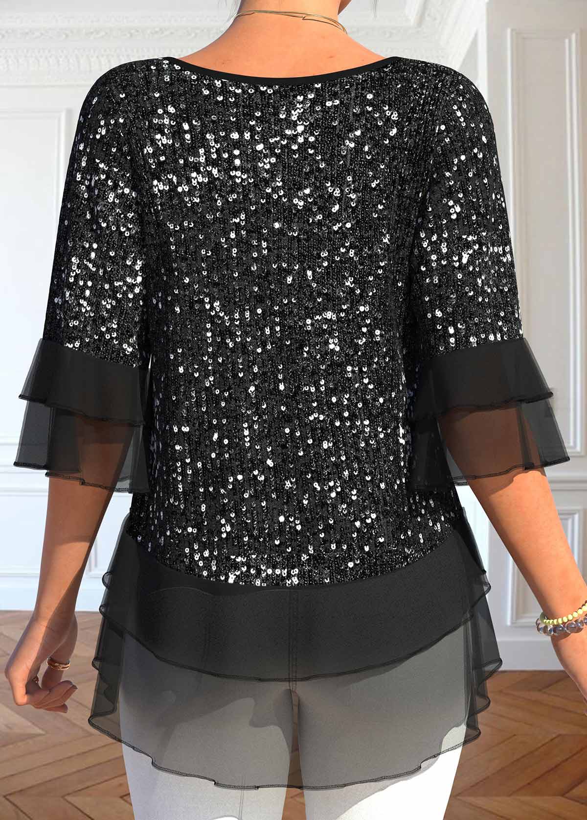 Black tops,Plain Color tops,ROTITA Sequin Black Round Neck Half Sleeve T Shirt