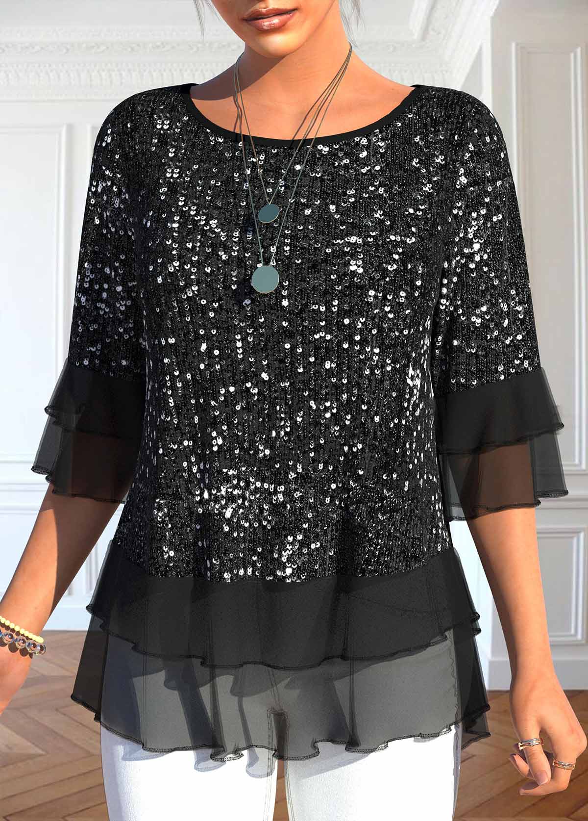 Black tops,Plain Color tops,ROTITA Sequin Black Round Neck Half Sleeve T Shirt