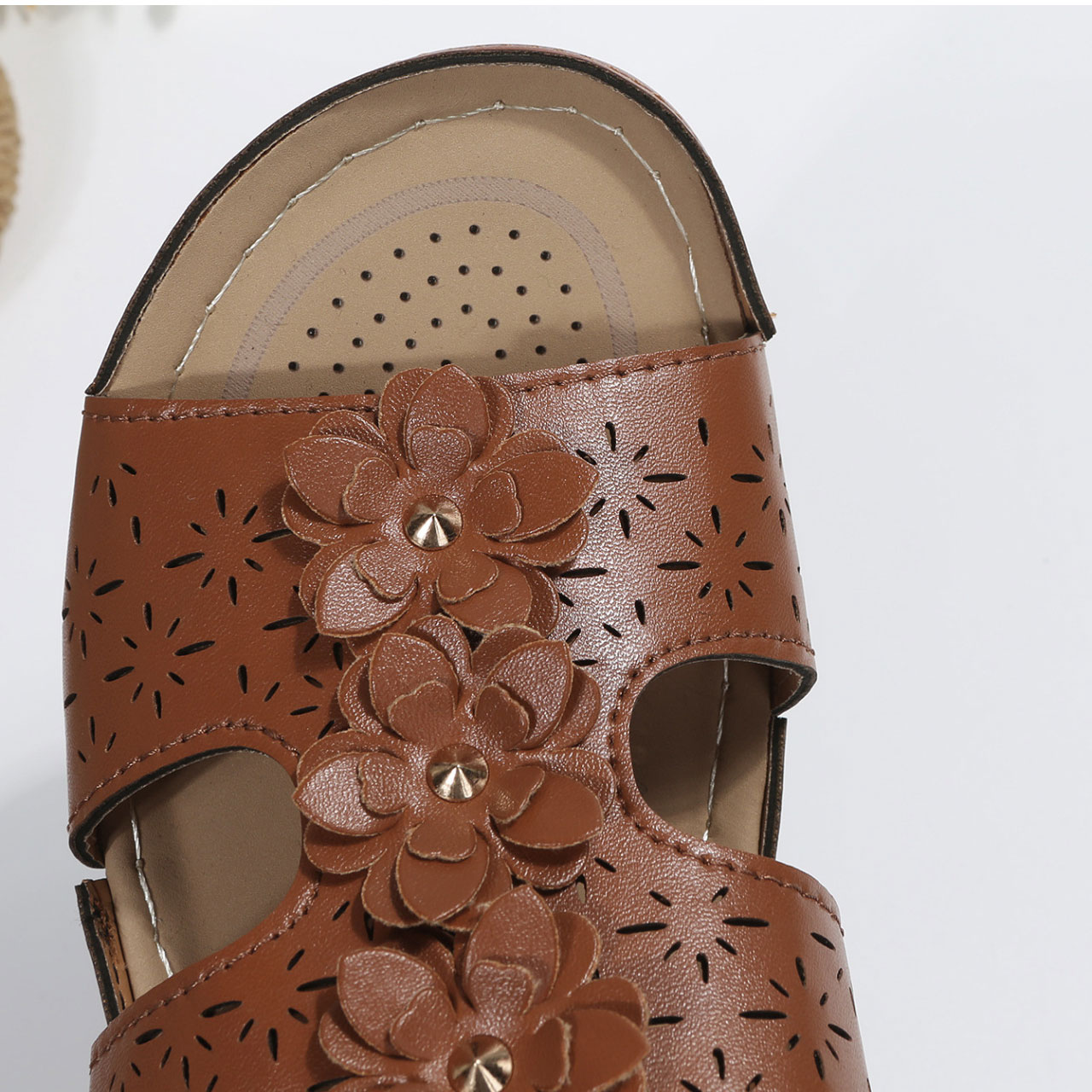 Dark Camel shoes,Plain Color shoes,Floral Dark Camel Mid Heel Open Toe Sliders