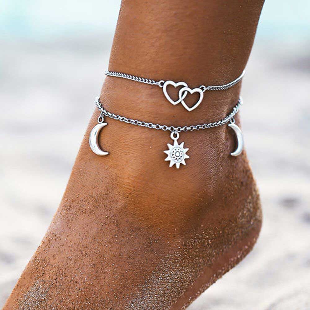 Moon Layered Heart Design Silver Anklet Set