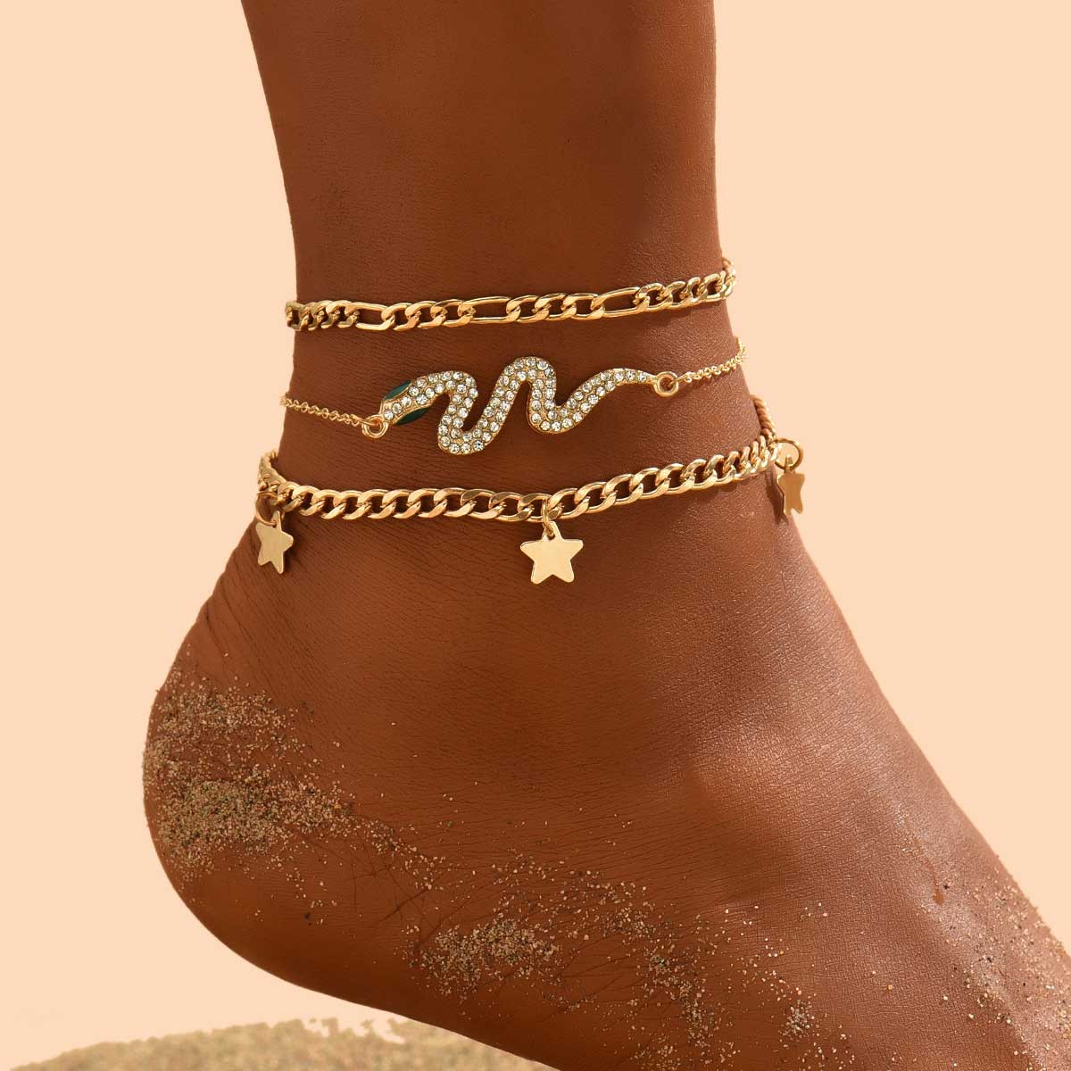 Star Layered Snake Design Golden Anklet Set