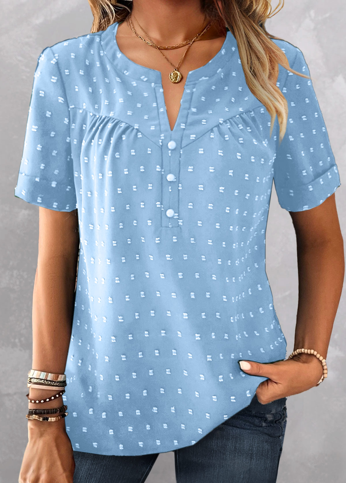 Sky Blue tops,Plain Color tops,ROTITA Button Sky Blue Split Neck Short Sleeve Blouse