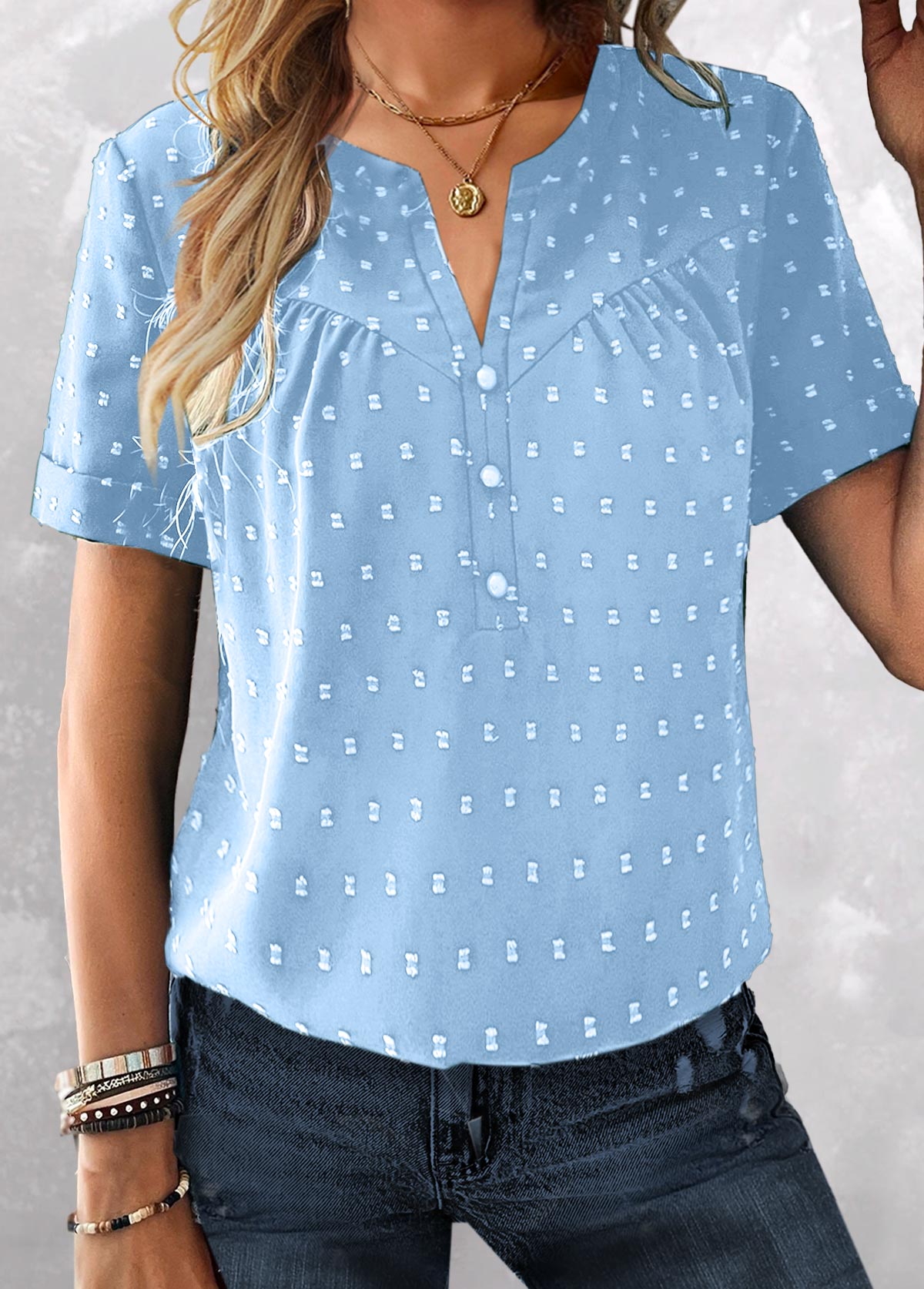 Sky Blue tops,Plain Color tops,ROTITA Button Sky Blue Split Neck Short Sleeve Blouse