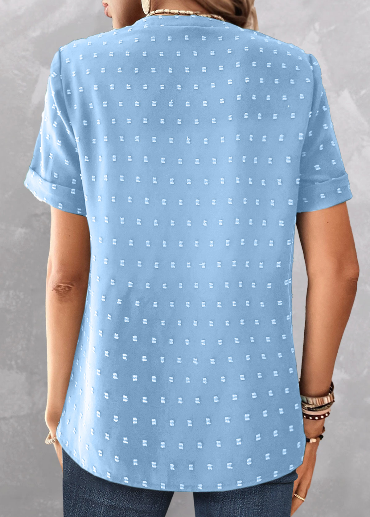 Sky Blue tops,Plain Color tops,ROTITA Button Sky Blue Split Neck Short Sleeve Blouse