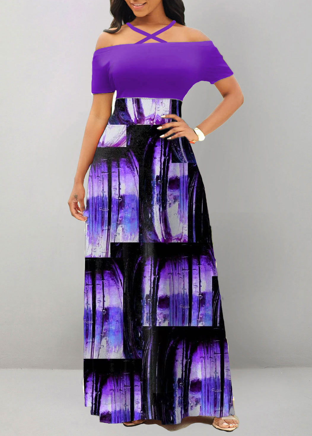 Purple dresses,Ombre dresses,Geometric dresses,ROTITA Criss Cross Ombre Purple Off Shoulder Maxi Dress