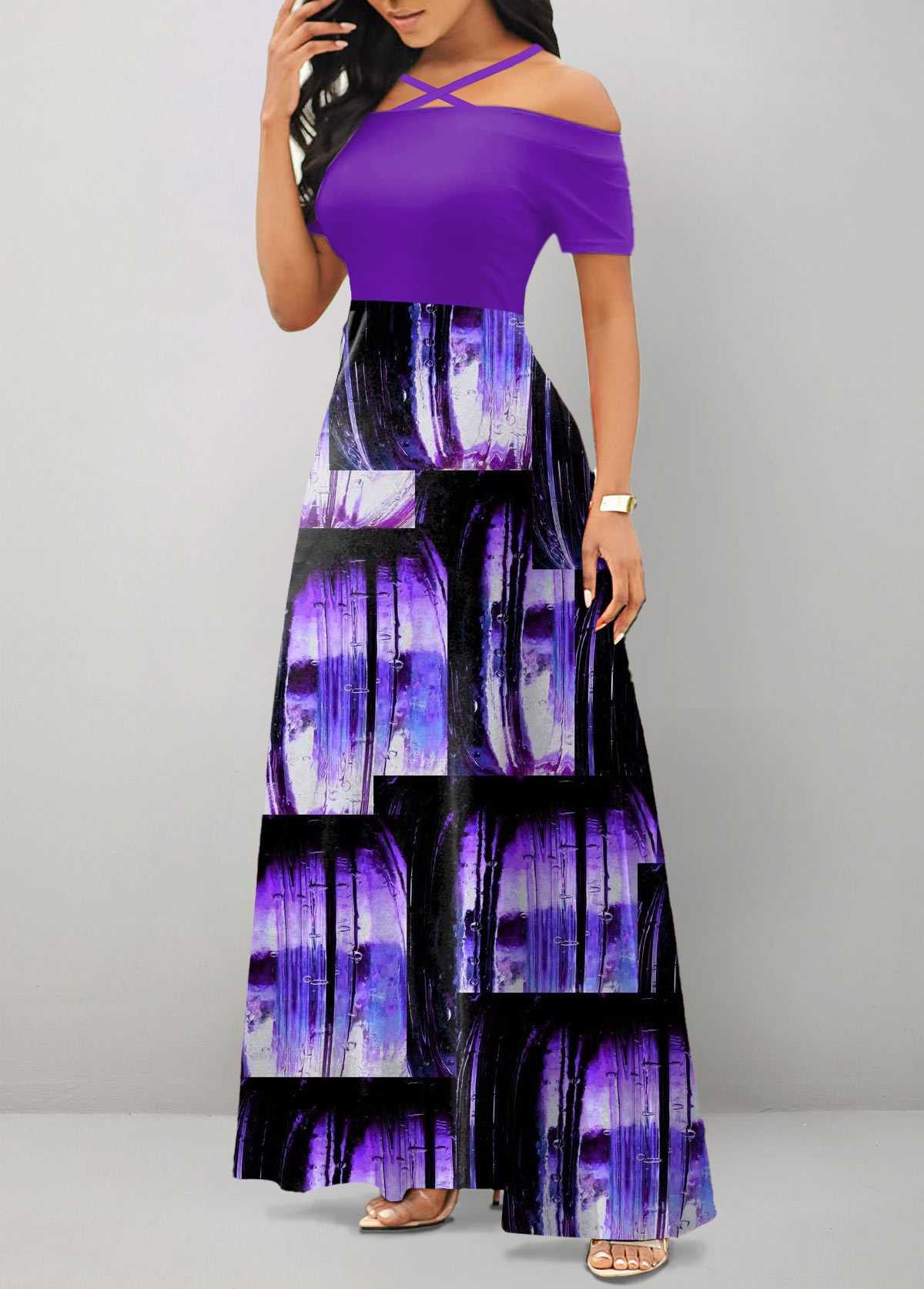 Purple dresses,Ombre dresses,Geometric dresses,ROTITA Criss Cross Ombre Purple Off Shoulder Maxi Dress