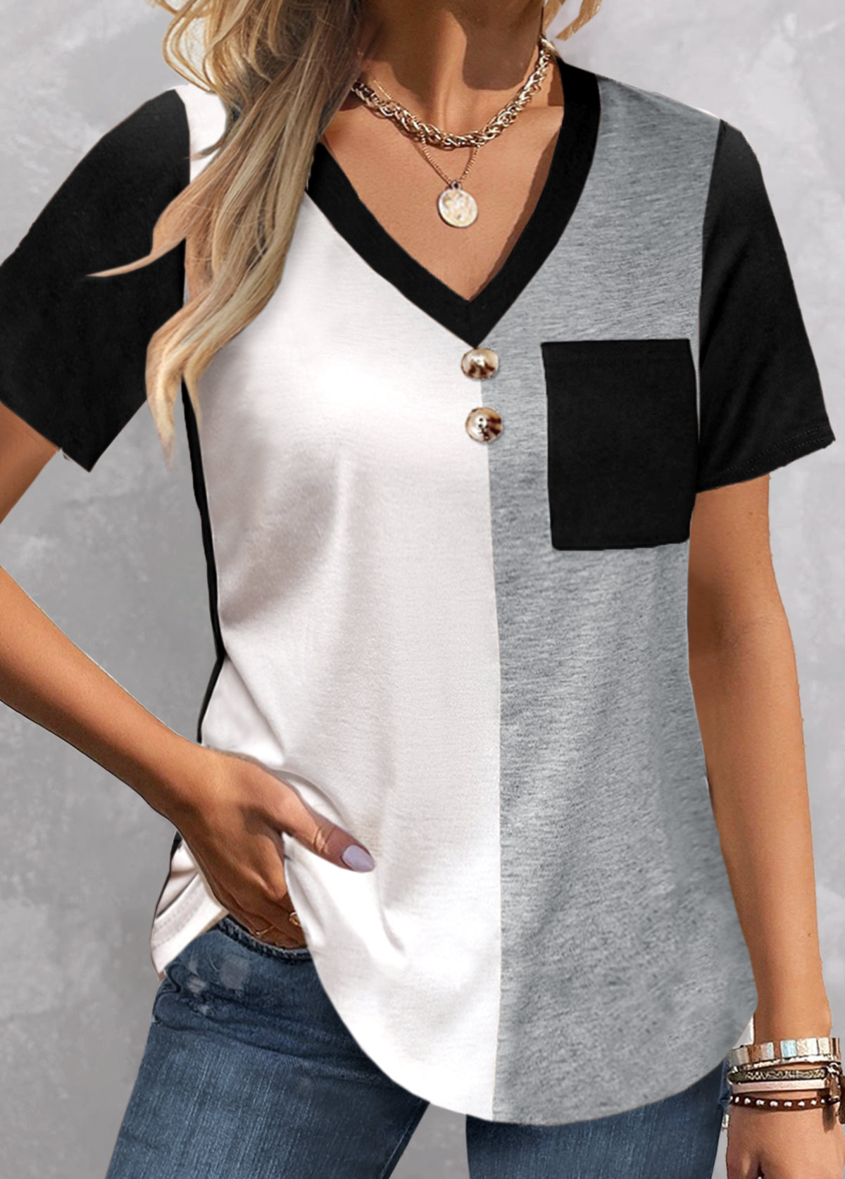Black plus size,Grey plus size,Contrast Color plus size,ROTITA Plus Size Patchwork Black V Neck T Shirt